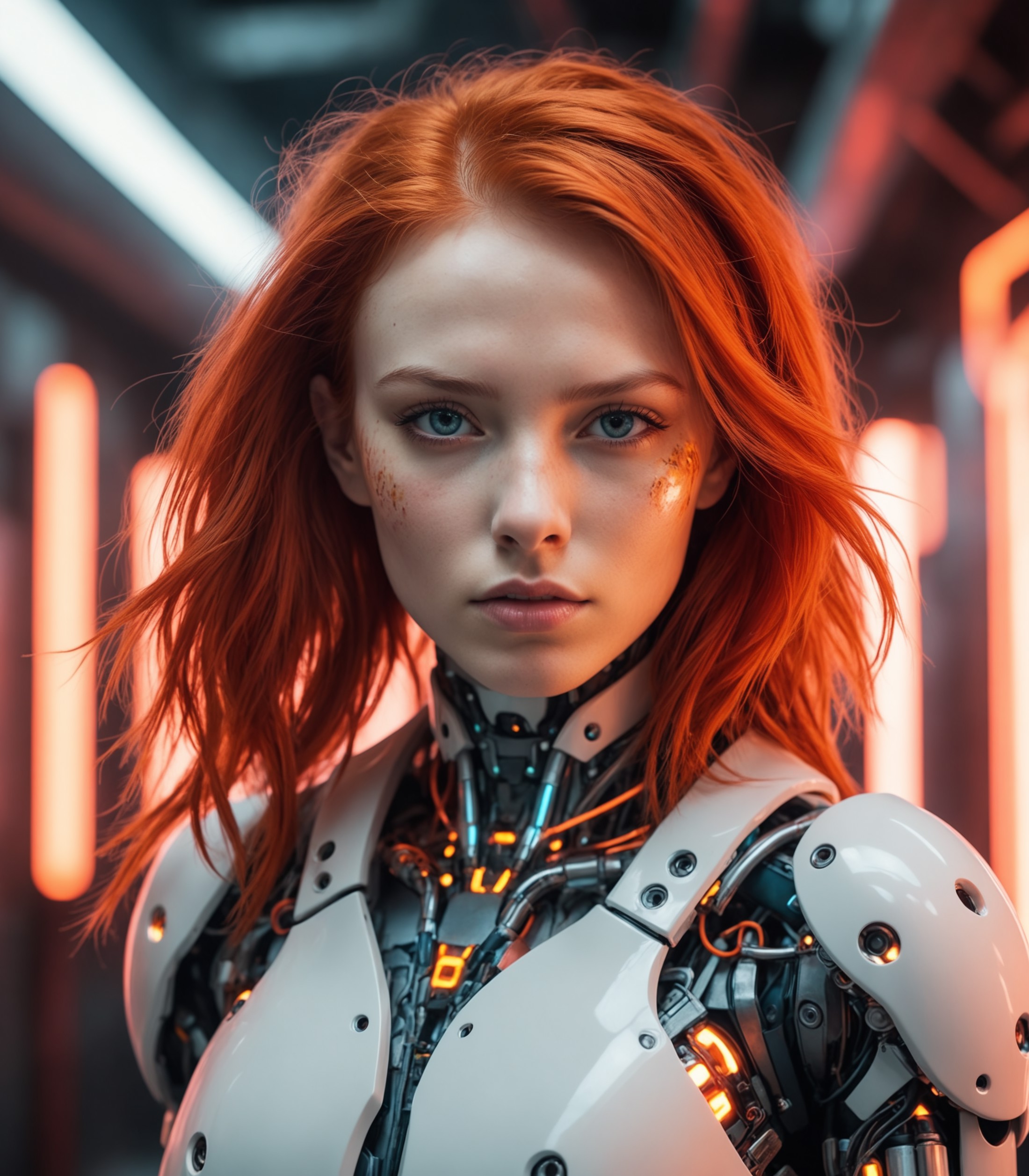 Best quality, Raw photo, face portrait, a young cyborg woman with fiery red hair. Her face fills the frame, bathed in neon...
